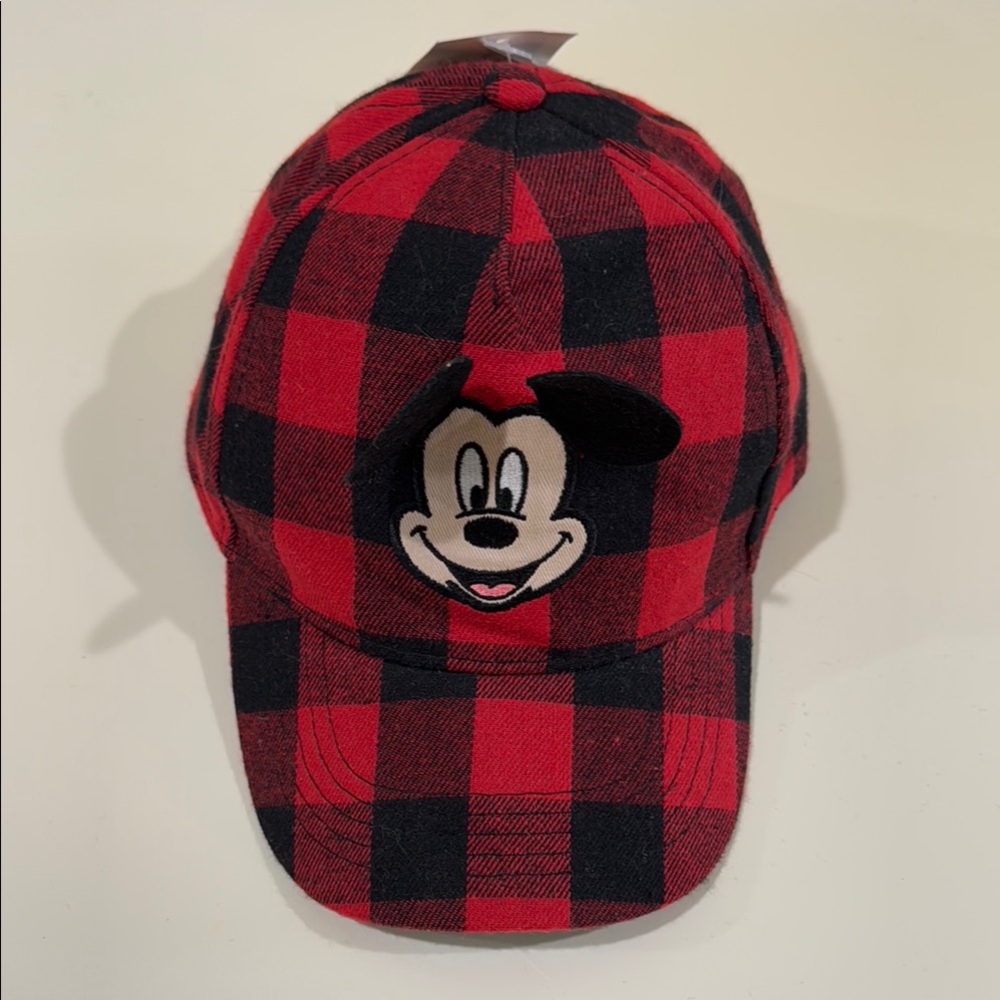 Mickey Mouse Toddler Red and Black Plaid Cap with Cartoon Patch
